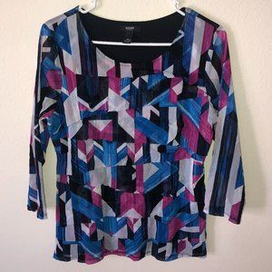 🌞Alfani Shirt Petite Large PL Blue Purple White Black Geometric Print Top Women